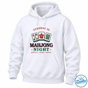 Mahjong Night Shirt design with colorful mahjong tiles, retro lettering, gold accents, and Shuffle Gossip Repeat slogan
