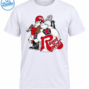 Cartoon oilfield worker in a red TULSA hard hat holding a wrench beside a soccer ball with red stars and Roughnecks lettering