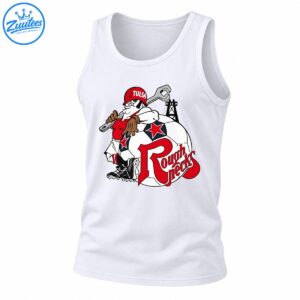 Cartoon oilfield worker in a red TULSA hard hat holding a wrench beside a soccer ball with red stars and Roughnecks lettering