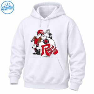 Cartoon oilfield worker in a red TULSA hard hat holding a wrench beside a soccer ball with red stars and Roughnecks lettering