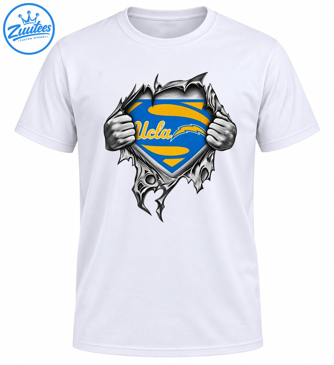 UCLA blue and gold shield with cursive lettering revealed by grayscale hands ripping through jagged material UCLA blue and gold shield with cursive lettering revealed by grayscale hands ripping through jagged material