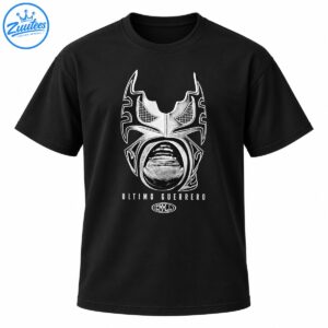 Ultimo Guerrero CMLL shirt design featuring a distressed black and white lucha libre wrestling mask and lettering