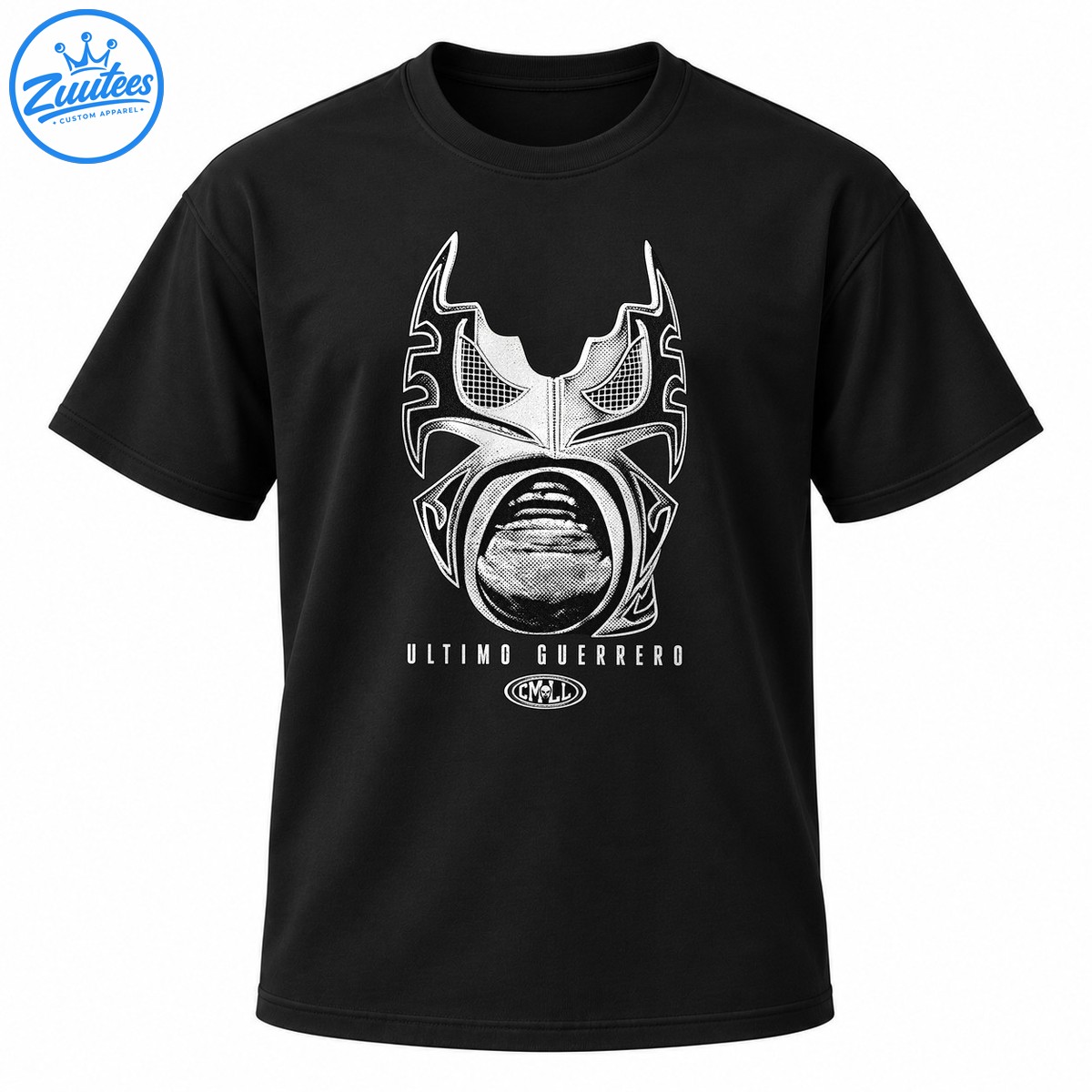 Ultimo Guerrero CMLL shirt design featuring a distressed black and white lucha libre wrestling mask and lettering Ultimo Guerrero CMLL shirt design featuring a distressed black and white lucha libre wrestling mask and lettering