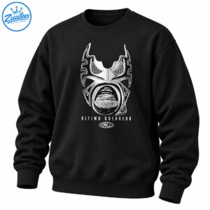 Ultimo Guerrero CMLL shirt design featuring a distressed black and white lucha libre wrestling mask and lettering