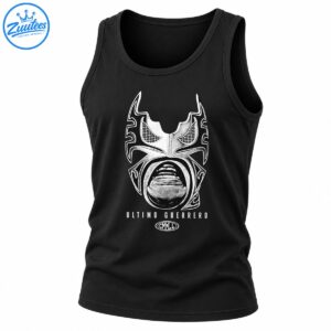 Ultimo Guerrero CMLL shirt design featuring a distressed black and white lucha libre wrestling mask and lettering