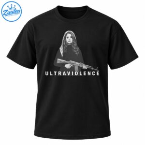 Black and white Ultraviolence graphic featuring a long-haired woman in a patterned headscarf holding a rifle