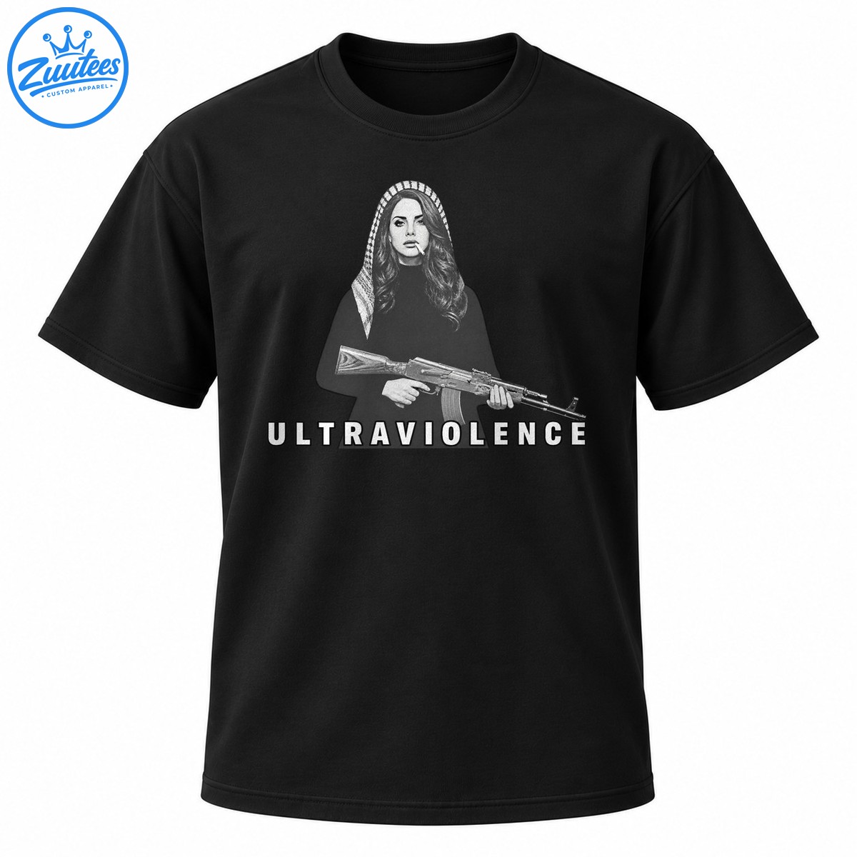 Black and white Ultraviolence graphic featuring a long haired woman in a patterned headscarf holding a rifle Black and white Ultraviolence graphic featuring a long-haired woman in a patterned headscarf holding a rifle