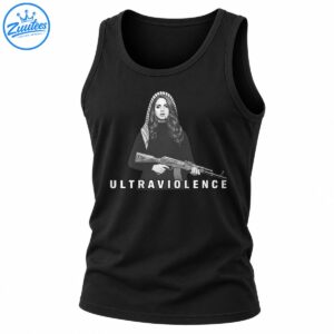 Black and white Ultraviolence graphic featuring a long-haired woman in a patterned headscarf holding a rifle
