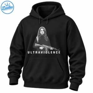 Black and white Ultraviolence graphic featuring a long-haired woman in a patterned headscarf holding a rifle
