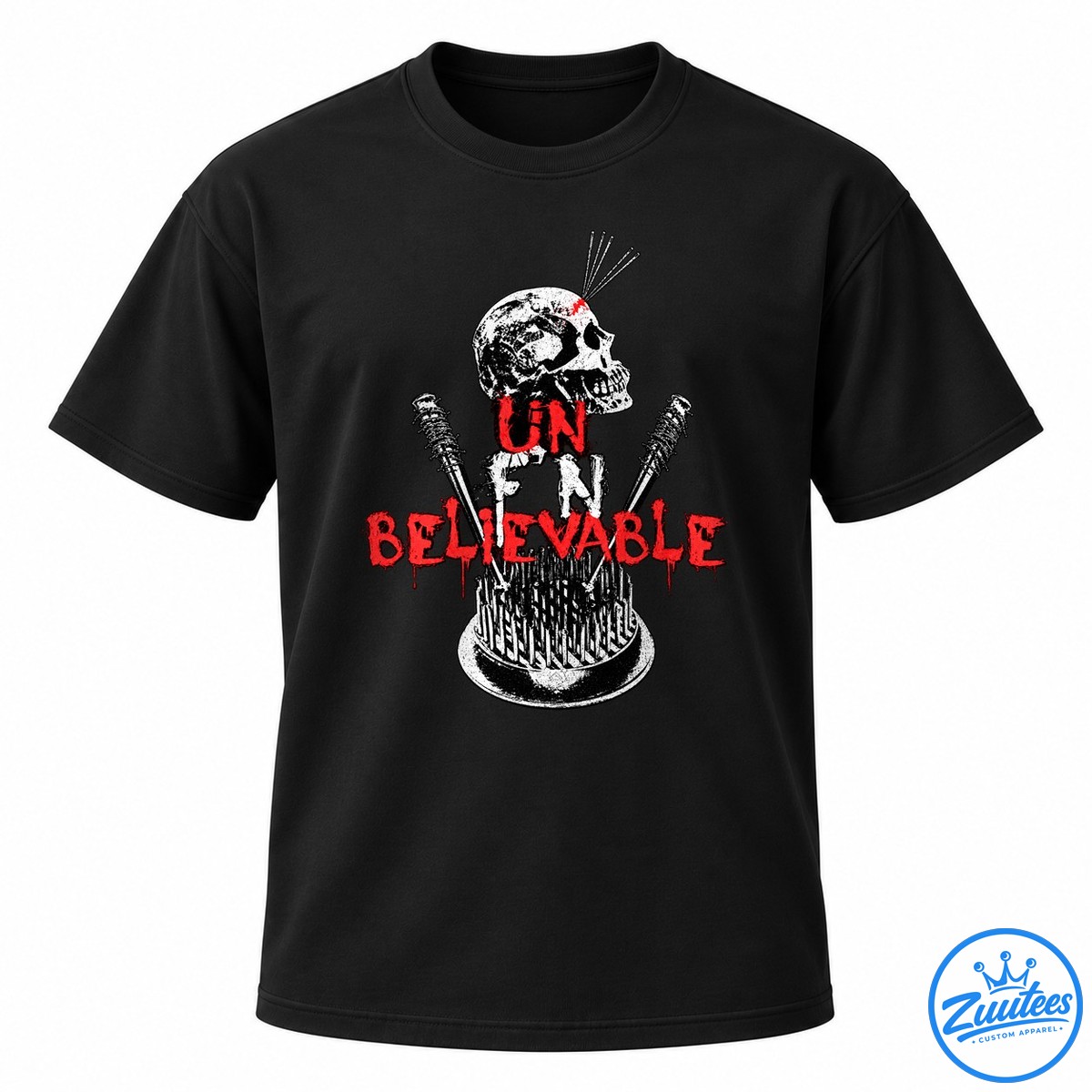 Un Believable Deathmatch Items We Are Violence Skull Shirt Black shirt design with a distressed white skull, spiked and barbed weapons, and dripping red UN BELIEVABLE lettering.