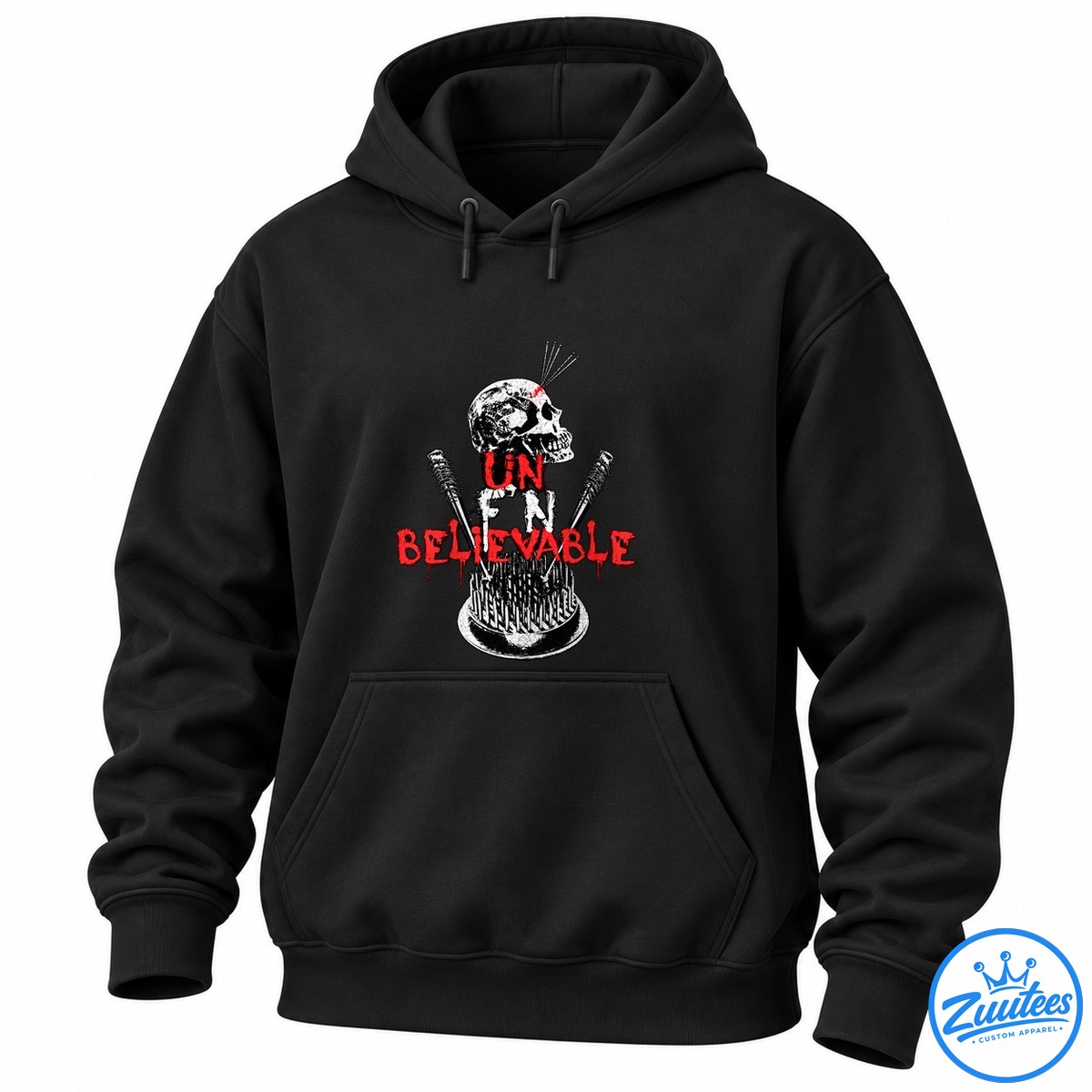 Un Believable Deathmatch Items We Are Violence Skull Shirt Black shirt design with a distressed white skull, spiked and barbed weapons, and dripping red UN BELIEVABLE lettering.