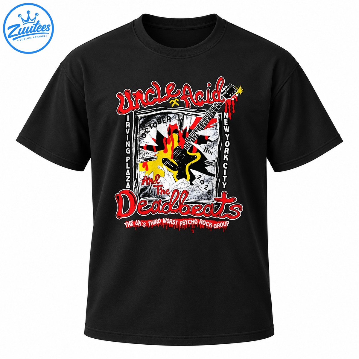 Uncle Acid and the Deadbeats graphic with red lettering, flaming guitar, distressed poster art, and 2026 concert details Uncle Acid and the Deadbeats graphic with red lettering, flaming guitar, distressed poster art, and 2026 concert details