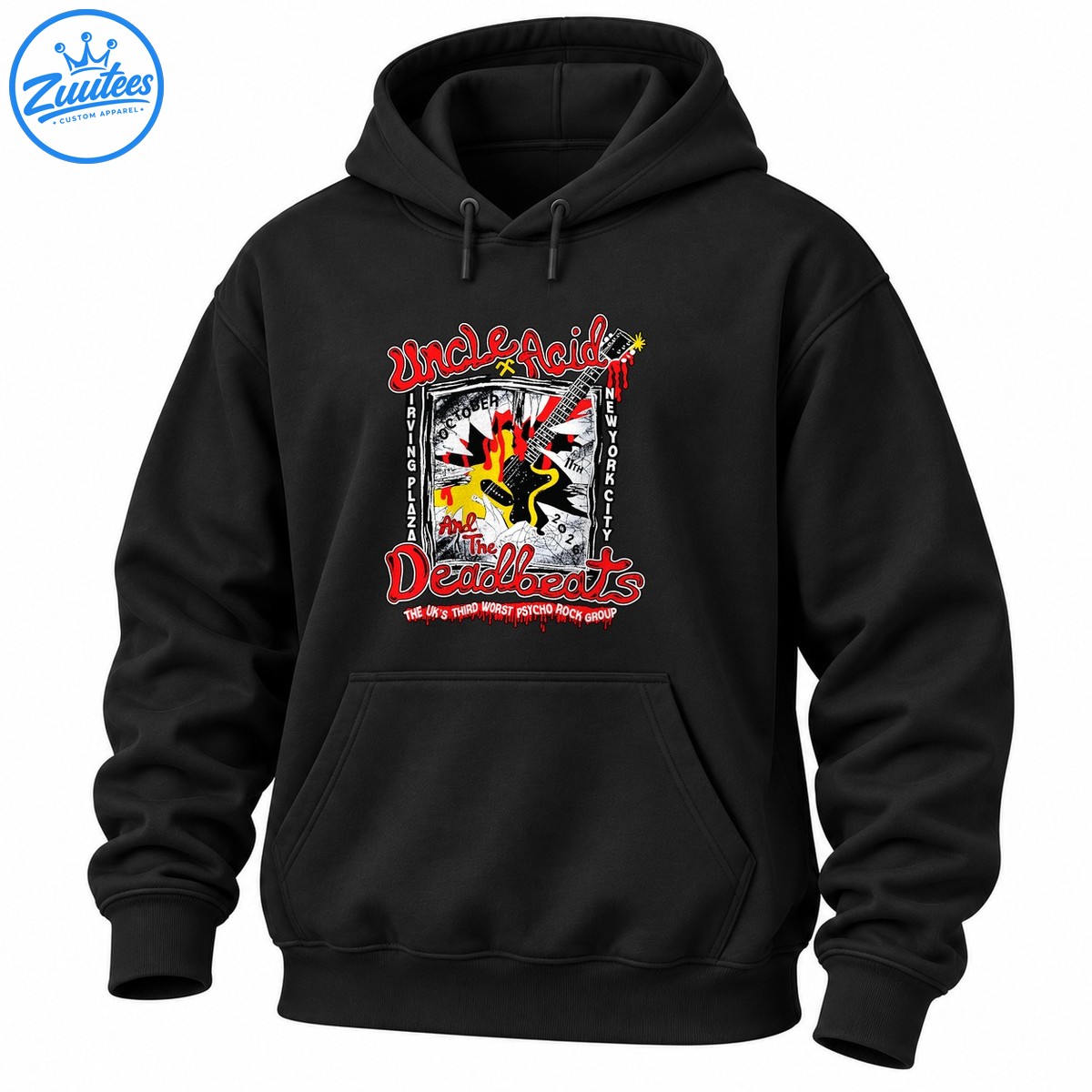 Uncle Acid and the Deadbeats graphic with red lettering, flaming guitar, distressed poster art, and 2026 concert details Uncle Acid and the Deadbeats graphic with red lettering, flaming guitar, distressed poster art, and 2026 concert details