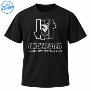 Undefeated Angel City Football Club graphic with an outlined crest, winged emblem, and bold white lettering