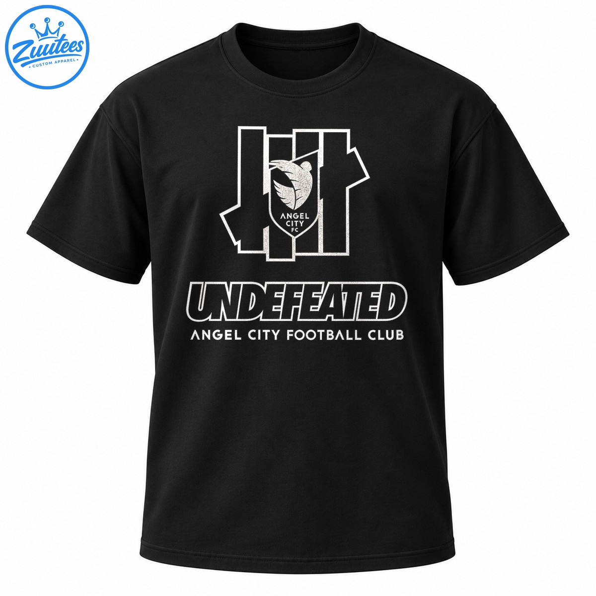 Undefeated Angel City Football Club graphic with an outlined crest, winged emblem, and bold white lettering Undefeated Angel City Football Club graphic with an outlined crest, winged emblem, and bold white lettering