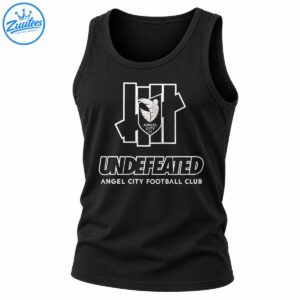 Undefeated Angel City Football Club graphic with an outlined crest, winged emblem, and bold white lettering