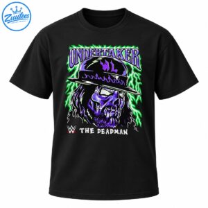 Undertaker graphic shirt design with a purple skull in a black hat, gothic lettering, green lightning, and The Deadman text