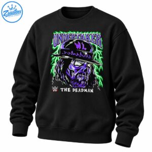 Undertaker graphic shirt design with a purple skull in a black hat, gothic lettering, green lightning, and The Deadman text