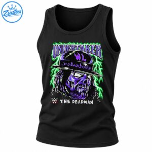 Undertaker graphic shirt design with a purple skull in a black hat, gothic lettering, green lightning, and The Deadman text