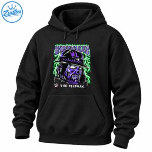 Undertaker graphic shirt design with a purple skull in a black hat, gothic lettering, green lightning, and The Deadman text