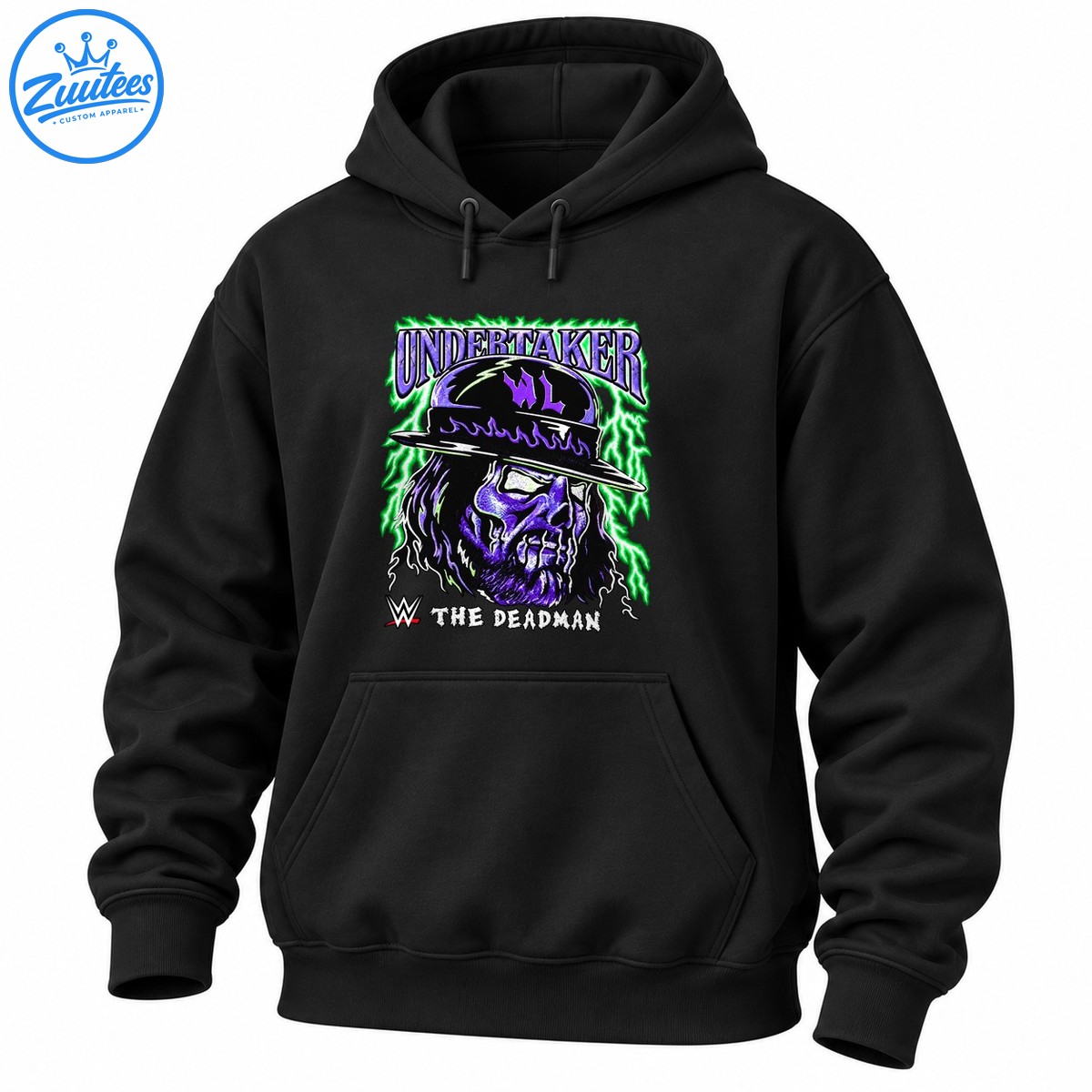 Undertaker graphic shirt design with a purple skull in a black hat, gothic lettering, green lightning, and The Deadman text Undertaker graphic shirt design with a purple skull in a black hat, gothic lettering, green lightning, and The Deadman text