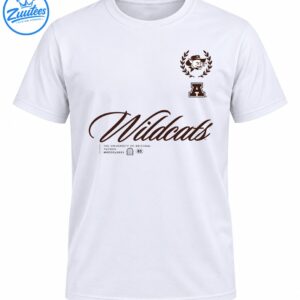University of Arizona Wildcats shirt design with maroon script, collegiate A, wildcat crest, laurel wreath, and Tucson heritage text