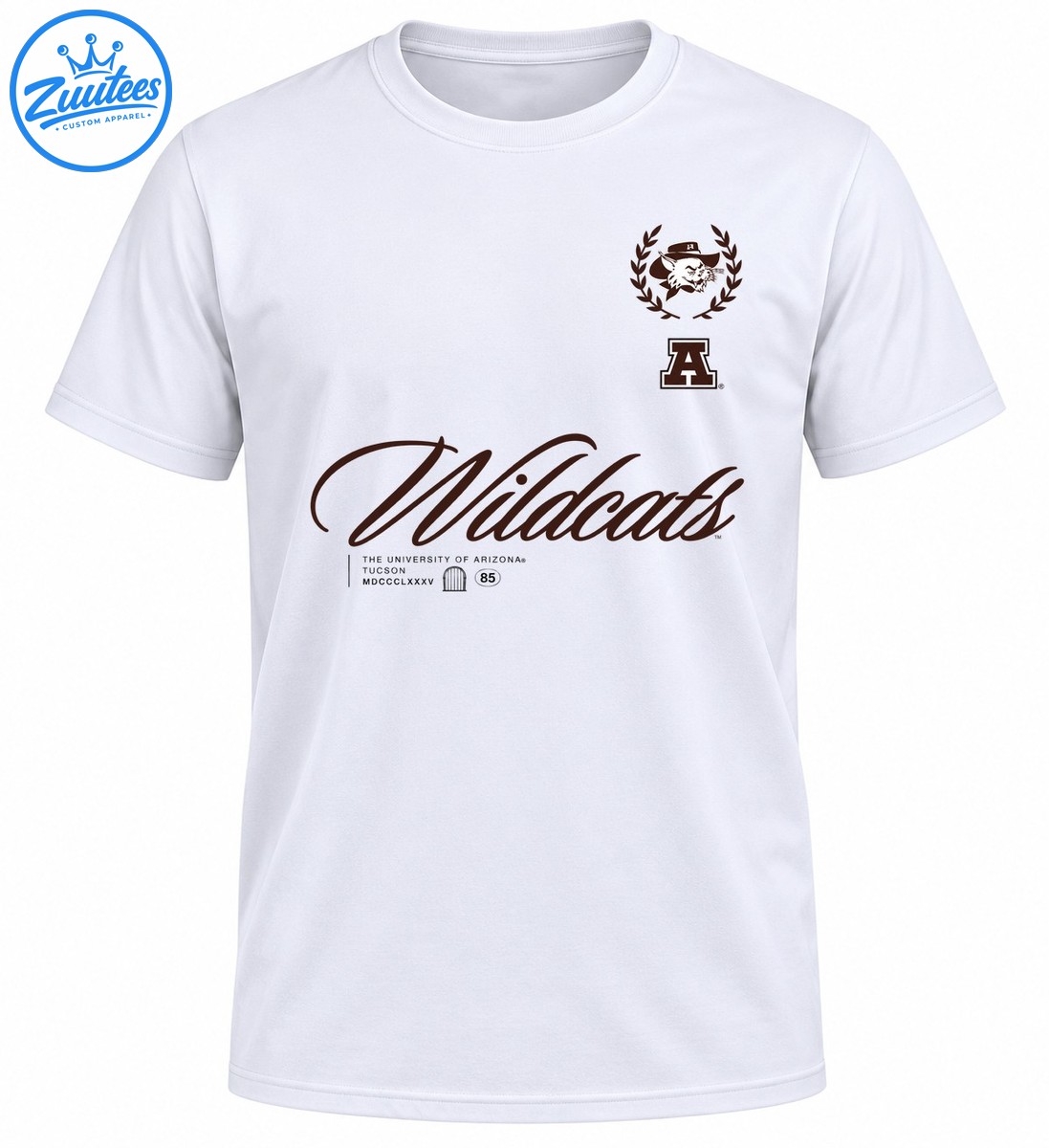 University of Arizona Wildcats shirt design with maroon script, collegiate A, wildcat crest, laurel wreath, and Tucson heritage text University of Arizona Wildcats shirt design with maroon script, collegiate A, wildcat crest, laurel wreath, and Tucson heritage text
