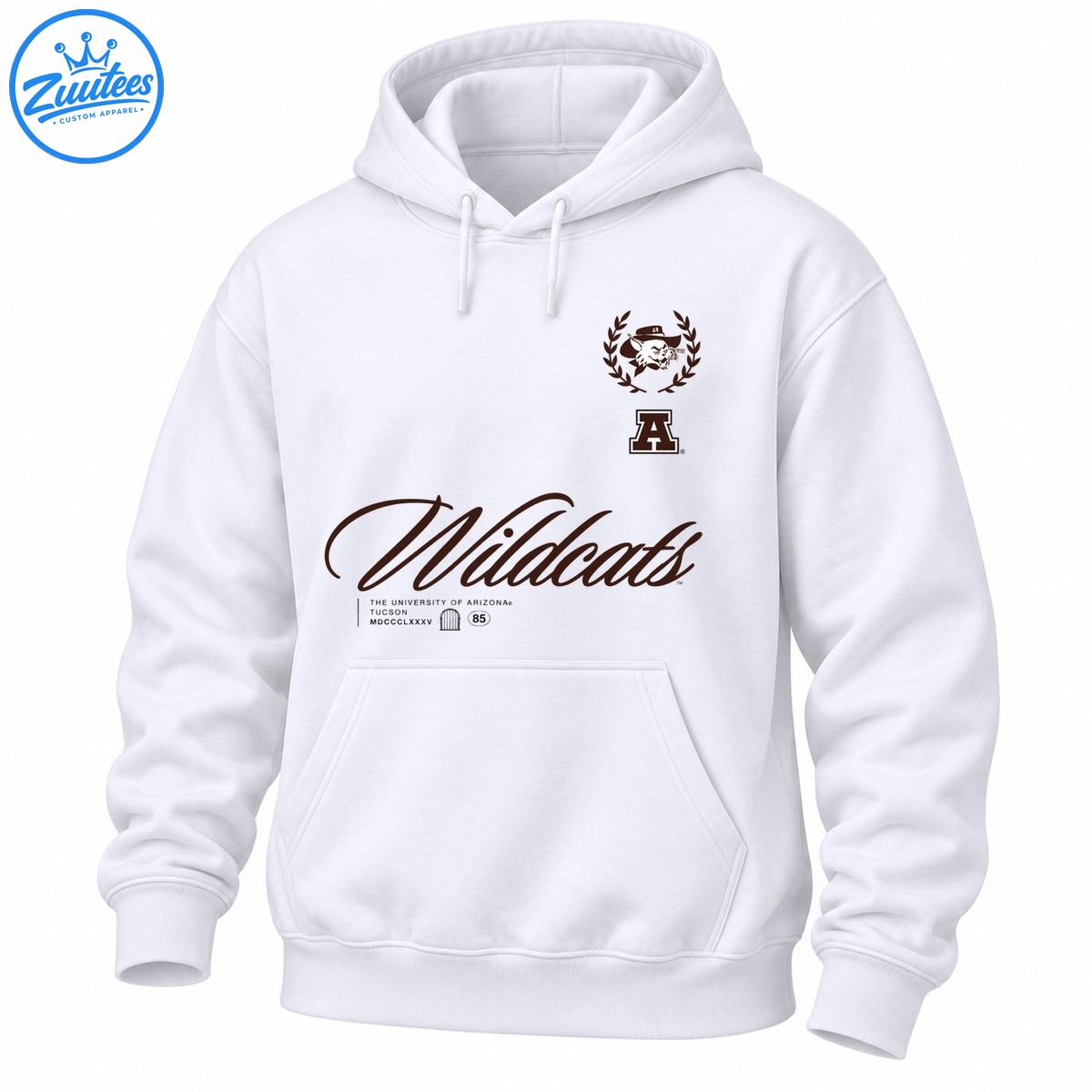 University of Arizona Wildcats shirt design with maroon script, collegiate A, wildcat crest, laurel wreath, and Tucson heritage text University of Arizona Wildcats shirt design with maroon script, collegiate A, wildcat crest, laurel wreath, and Tucson heritage text