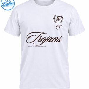 Brown USC Trojans design with flowing script lettering, a Trojan helmet in a laurel wreath, and university text