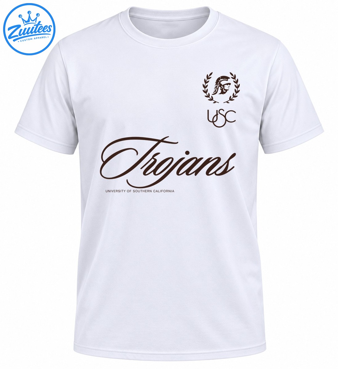 Brown USC Trojans design with flowing script lettering, a Trojan helmet in a laurel wreath, and university text Brown USC Trojans design with flowing script lettering, a Trojan helmet in a laurel wreath, and university text