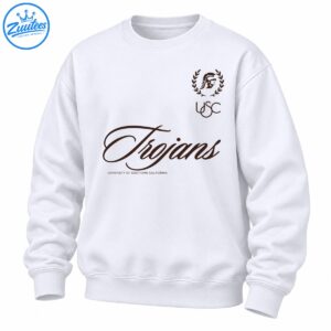 Brown USC Trojans design with flowing script lettering, a Trojan helmet in a laurel wreath, and university text