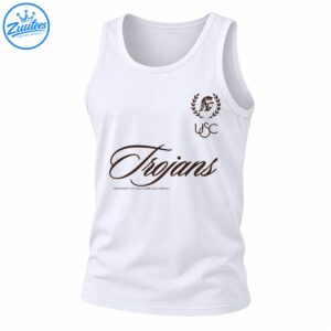 Brown USC Trojans design with flowing script lettering, a Trojan helmet in a laurel wreath, and university text