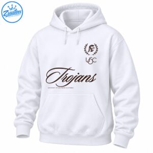 Brown USC Trojans design with flowing script lettering, a Trojan helmet in a laurel wreath, and university text