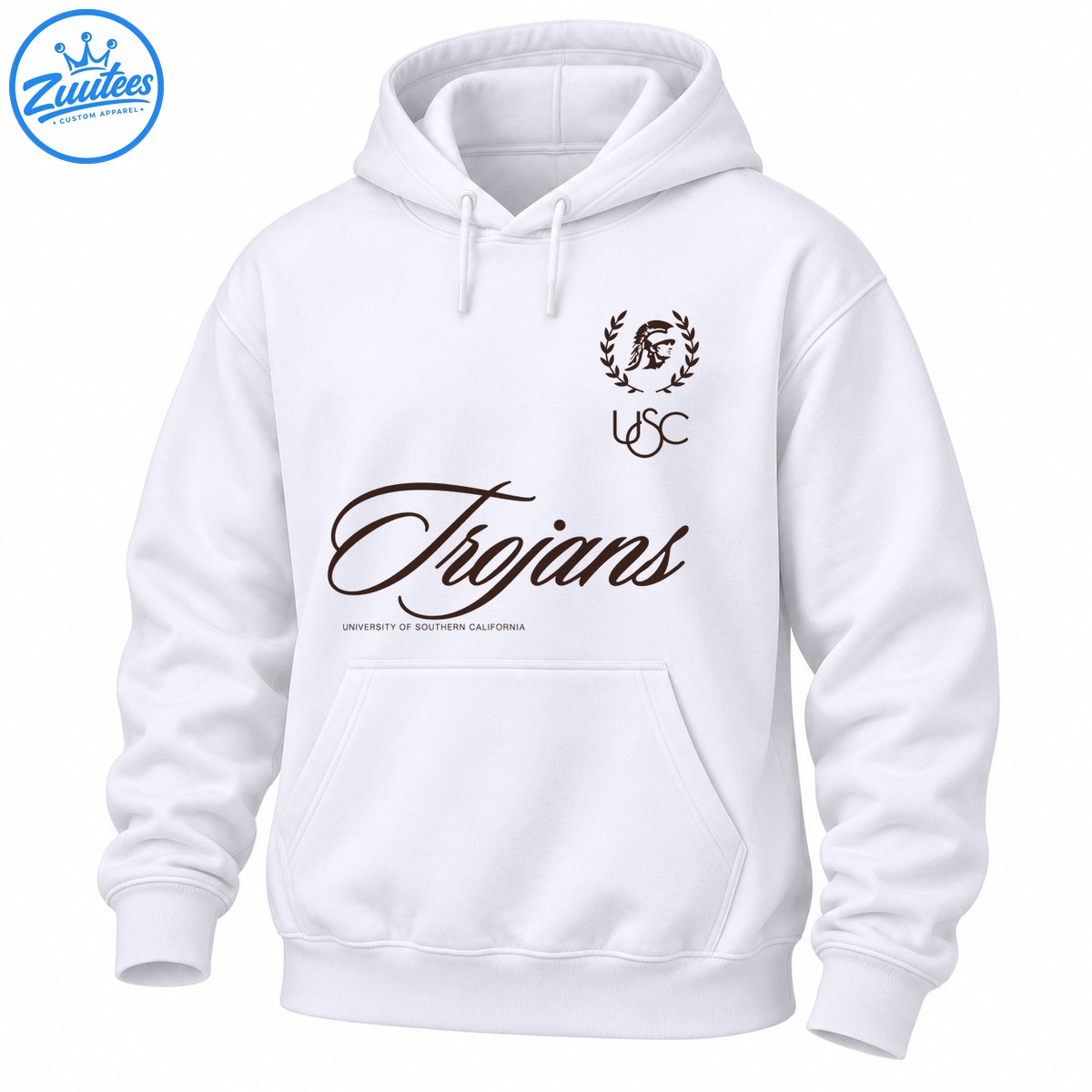 Brown USC Trojans design with flowing script lettering, a Trojan helmet in a laurel wreath, and university text Brown USC Trojans design with flowing script lettering, a Trojan helmet in a laurel wreath, and university text