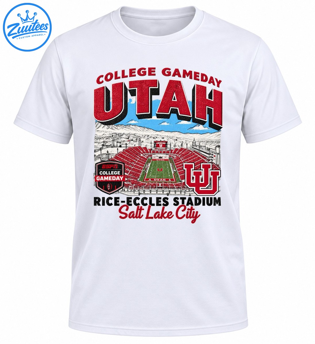 Vintage Utah College Gameday shirt graphic with Rice Eccles Stadium, red UTAH lettering, mountains and Salt Lake City Vintage Utah College Gameday shirt graphic with Rice-Eccles Stadium, red UTAH lettering, mountains and Salt Lake City