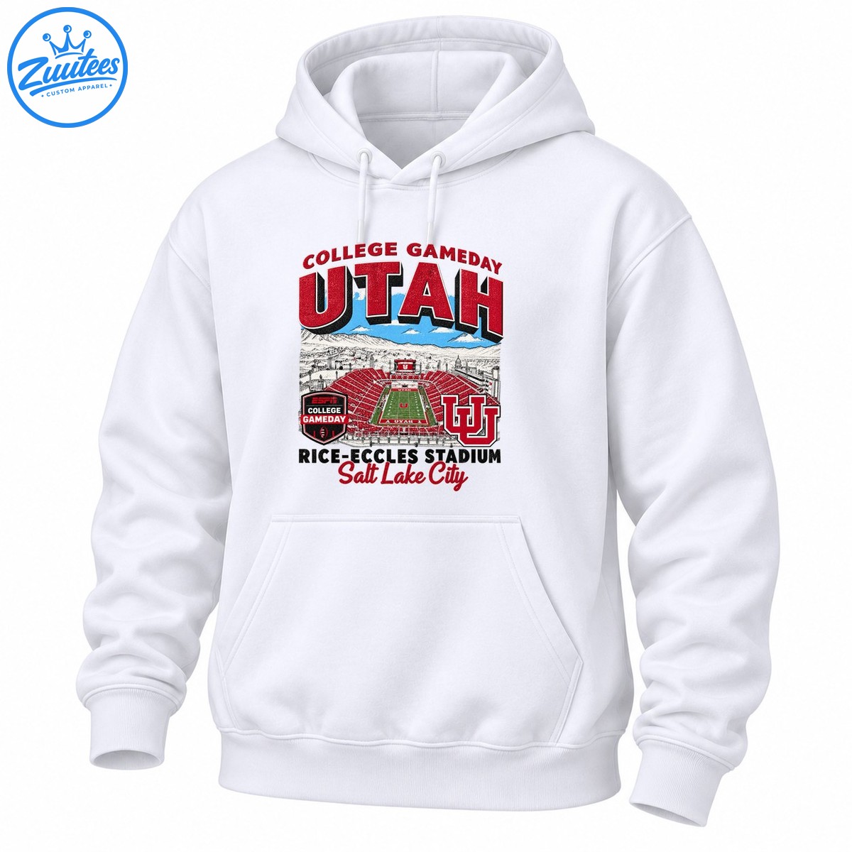 Vintage Utah College Gameday shirt graphic with Rice Eccles Stadium, red UTAH lettering, mountains and Salt Lake City Vintage Utah College Gameday shirt graphic with Rice-Eccles Stadium, red UTAH lettering, mountains and Salt Lake City