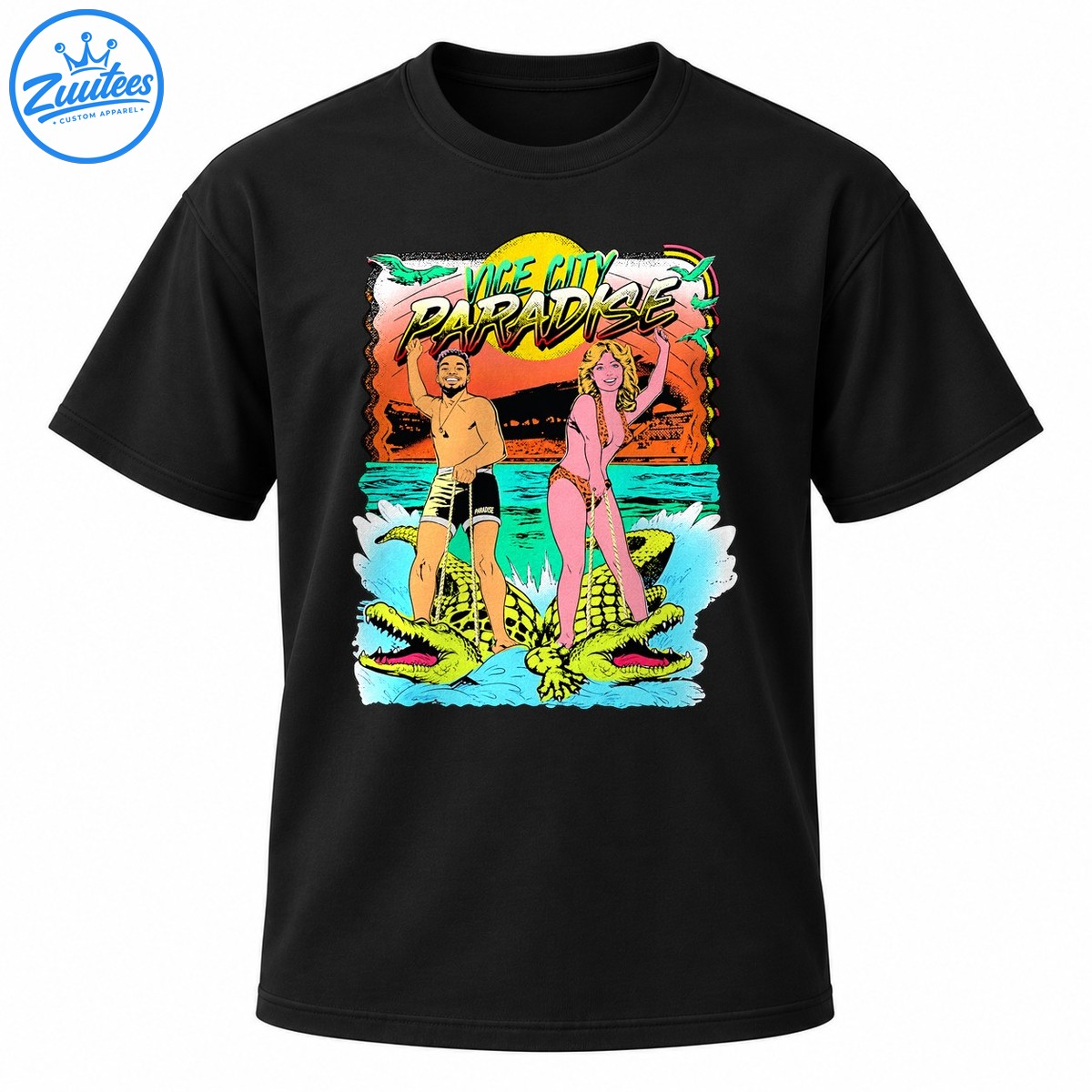 Vice City Paradise retro comic art with two characters riding lime green alligators beneath a colorful tropical sunset Vice City Paradise retro comic art with two characters riding lime-green alligators beneath a colorful tropical sunset