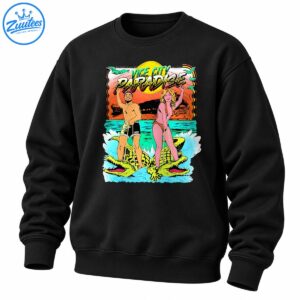 Vice City Paradise retro comic art with two characters riding lime-green alligators beneath a colorful tropical sunset