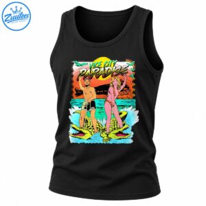 Vice City Paradise retro comic art with two characters riding lime-green alligators beneath a colorful tropical sunset