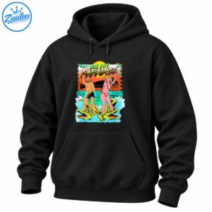 Vice City Paradise retro comic art with two characters riding lime-green alligators beneath a colorful tropical sunset
