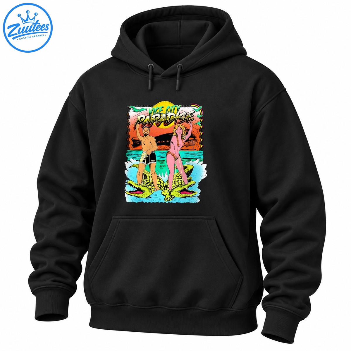 Vice City Paradise retro comic art with two characters riding lime green alligators beneath a colorful tropical sunset Vice City Paradise retro comic art with two characters riding lime-green alligators beneath a colorful tropical sunset