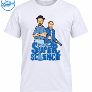 Comic-style duo in blue outfits above Go Team Super Science lettering with a bubbling laboratory flask