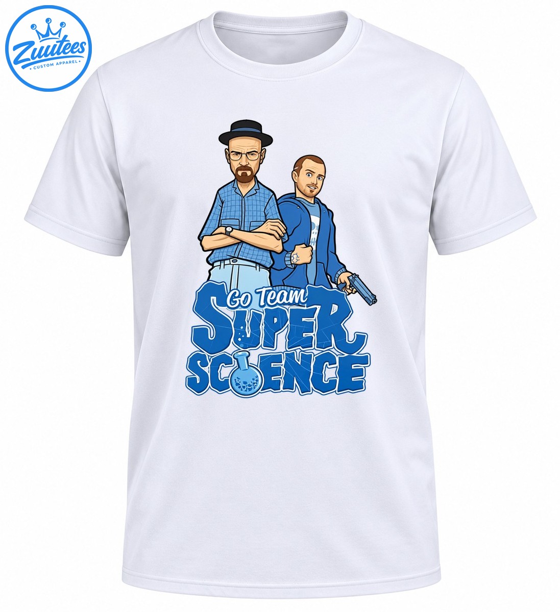 Comic style duo in blue outfits above Go Team Super Science lettering with a bubbling laboratory flask Comic-style duo in blue outfits above Go Team Super Science lettering with a bubbling laboratory flask