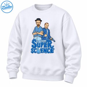 Comic-style duo in blue outfits above Go Team Super Science lettering with a bubbling laboratory flask