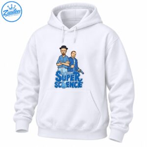 Comic-style duo in blue outfits above Go Team Super Science lettering with a bubbling laboratory flask