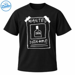 White hand-drawn wanted poster graphic with a bottle labeled IGIN and the words WANTED and IGIN APPLE
