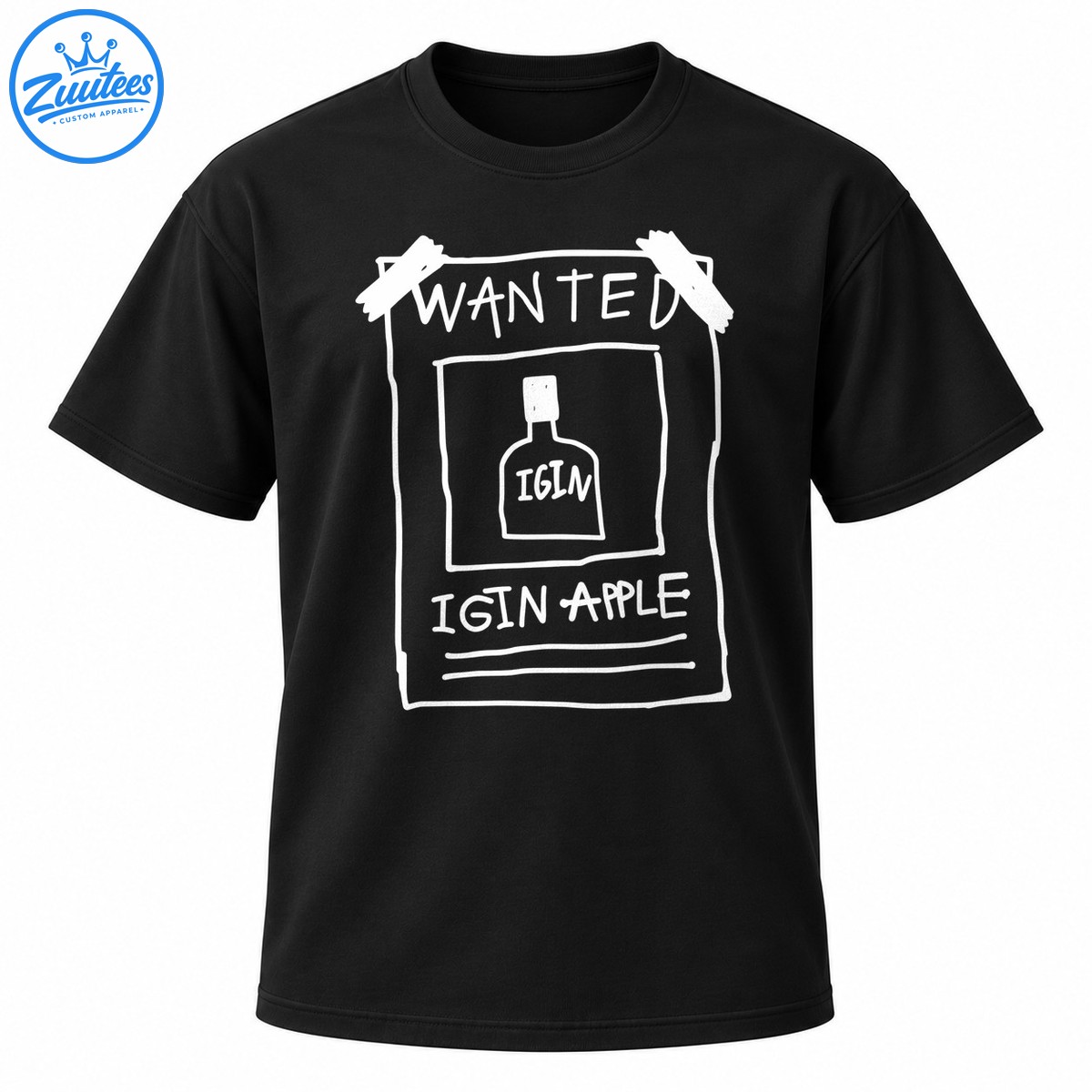 White hand drawn wanted poster graphic with a bottle labeled IGIN and the words WANTED and IGIN APPLE White hand-drawn wanted poster graphic with a bottle labeled IGIN and the words WANTED and IGIN APPLE