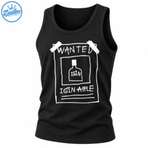 White hand-drawn wanted poster graphic with a bottle labeled IGIN and the words WANTED and IGIN APPLE