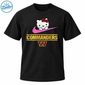 White cartoon cat with burgundy bow over a pink swoosh, gold COMMANDERS text, and burgundy W emblem