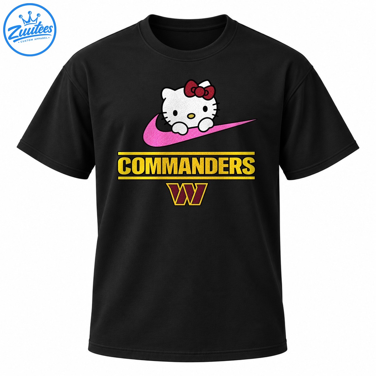 White cartoon cat with burgundy bow over a pink swoosh, gold COMMANDERS text, and burgundy W emblem White cartoon cat with burgundy bow over a pink swoosh, gold COMMANDERS text, and burgundy W emblem